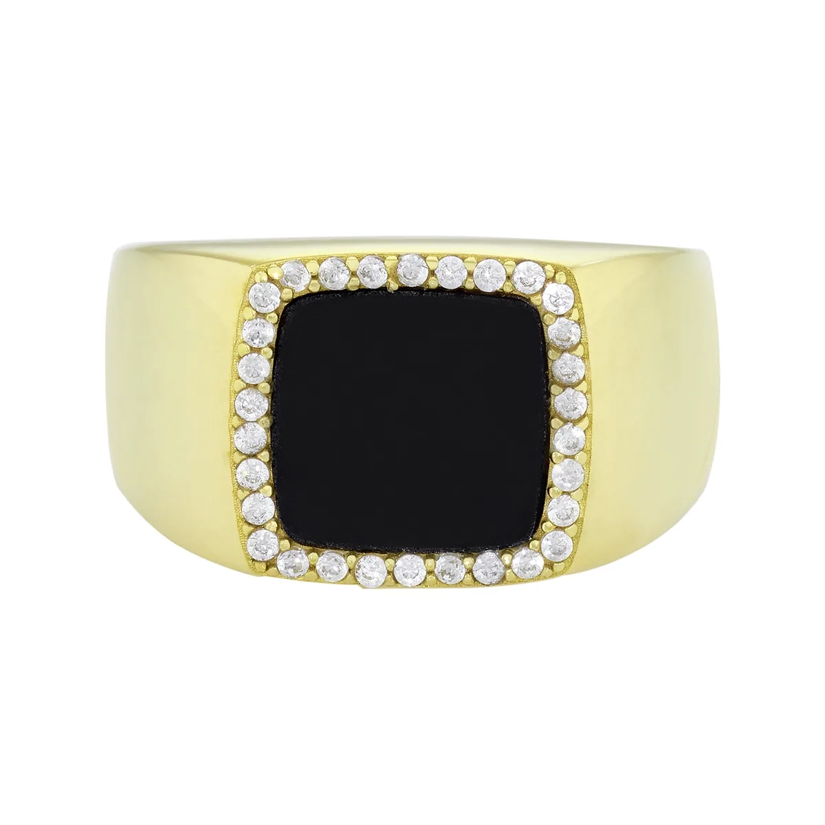 Anillo en oro amarillo de 18 Kilates, con ónix central y decoración en zircones