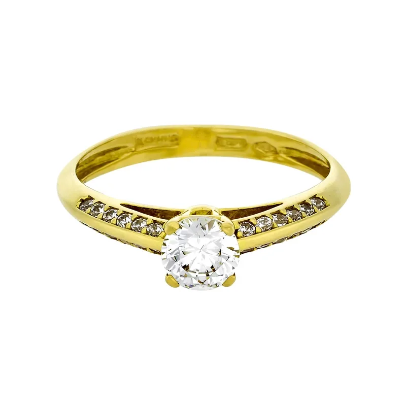 Anillo en oro amarillo de 18 Kilates, con zircón central y decoración en zircones