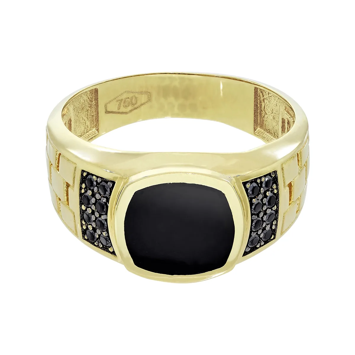 Anillo en oro amarillo de 18 Kilates, con ónix central y decoración en zircones