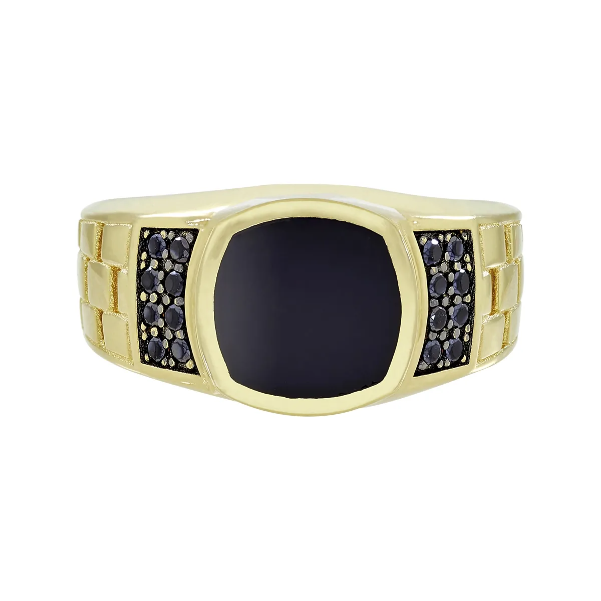 Anillo en oro amarillo de 18 Kilates, con ónix central y decoración en zircones