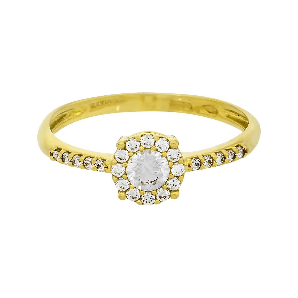 Anillo en oro amarillo de 18 Kilates, con zircón central y decoración en zircones