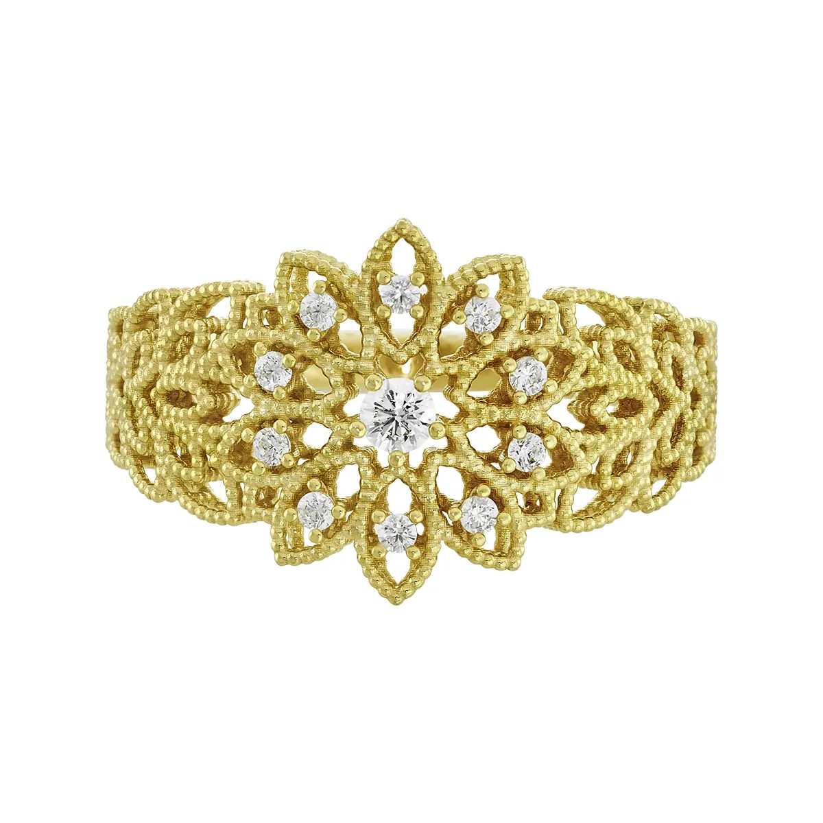 Anillo de flor en oro amarillo de 18 Kilates con visos, con zircones