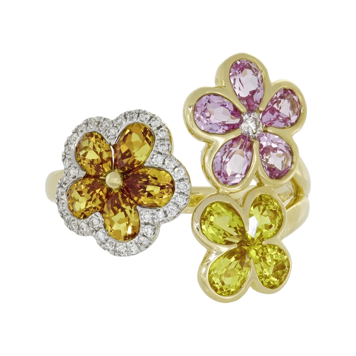 Anillo en oro amarillo de 18 Kilates, con zafiro laboratorios de 3.10 Ct y diamante de laboratorio de 0.13 Ct