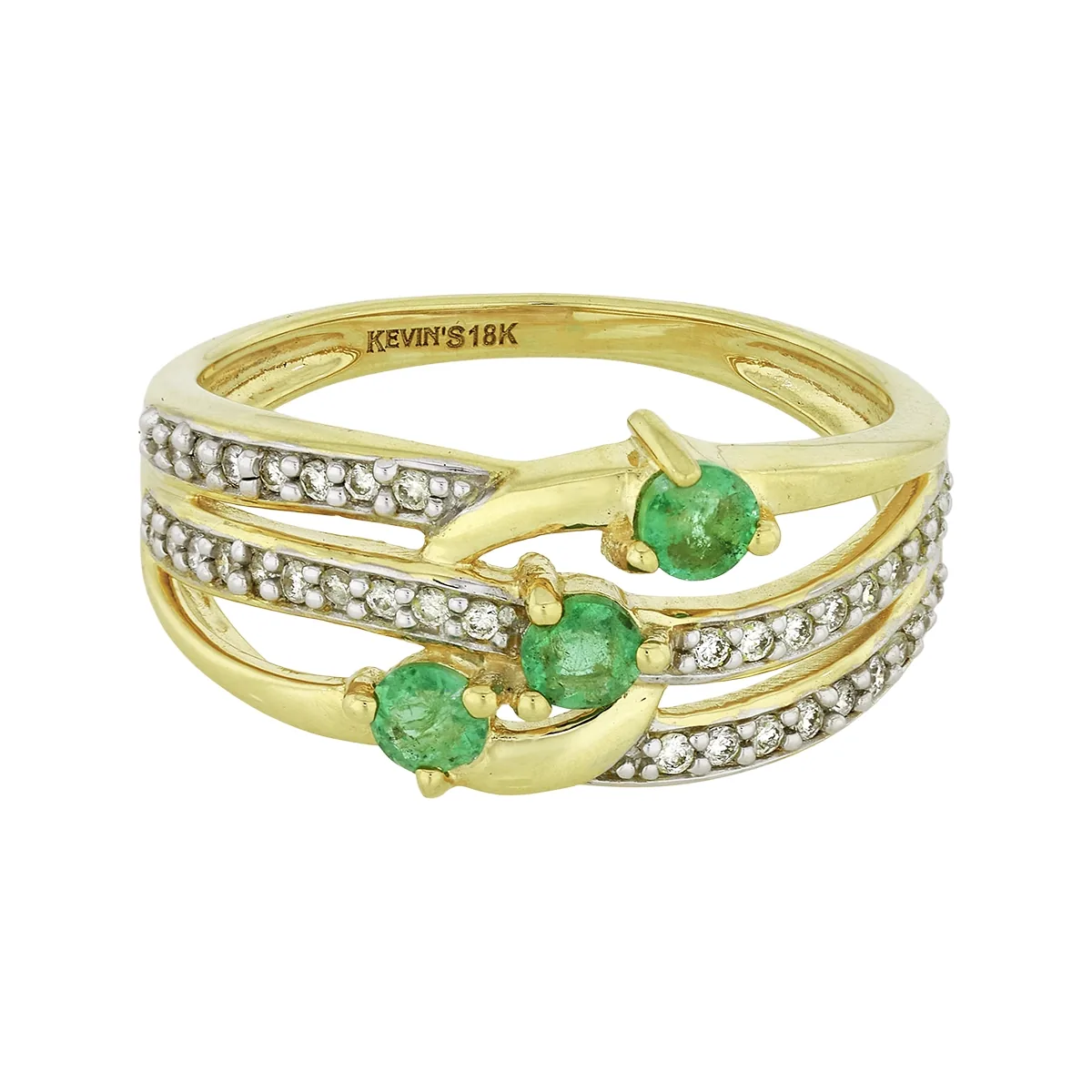 Anillo en oro amarillo de 18 Kilates, con 3 esmeraldas centrales de 0.30 Ct y decoración en diamantes de 0.18 Ct