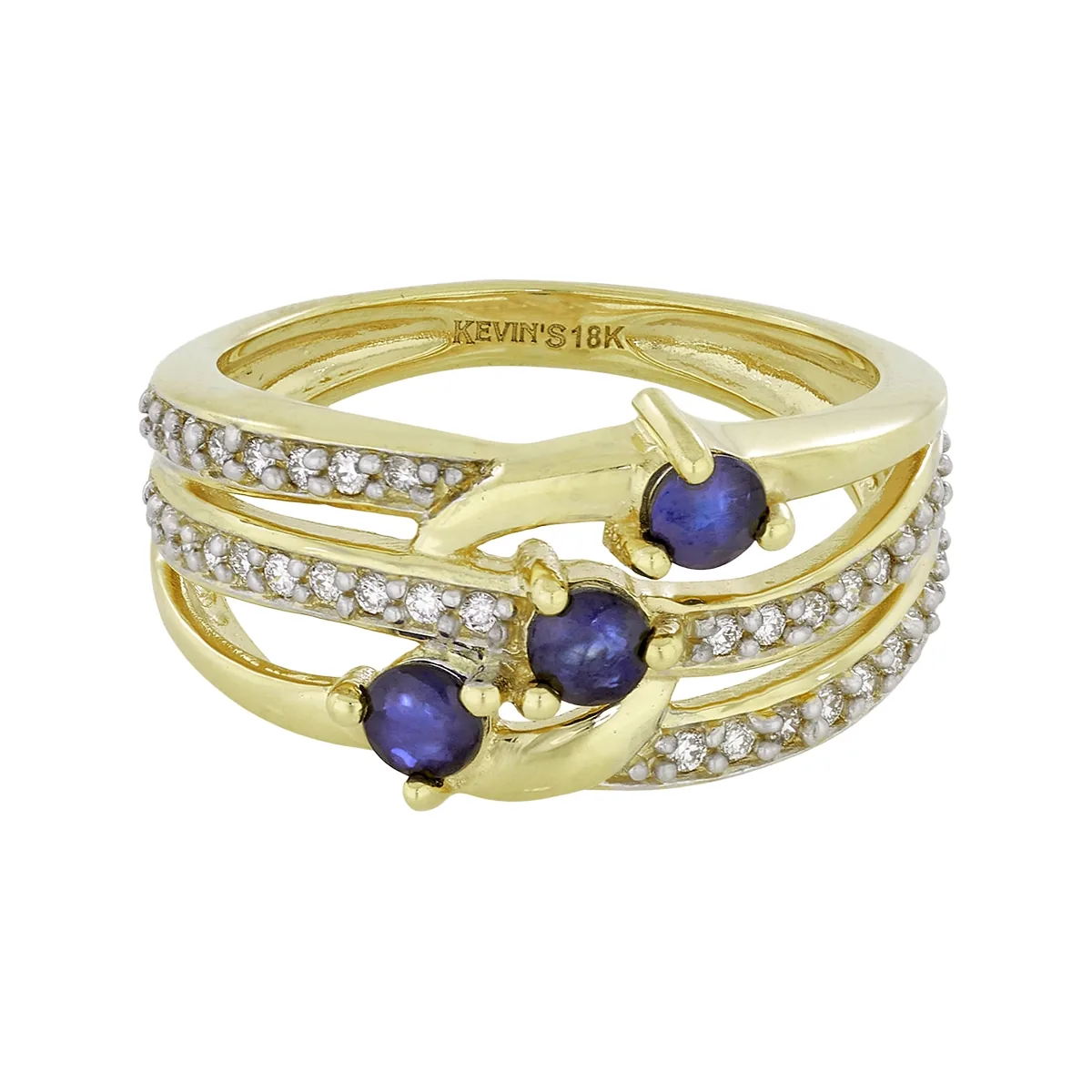 Anillo en oro amarillo de 18 Kilates, con 3 zafiros centrales de 0.30 Ct y decoración en diamantes de 0.18 Ct