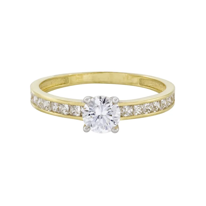Anillo en oro amarillo de 18 Kilates, con zircón central y decoración en zircones