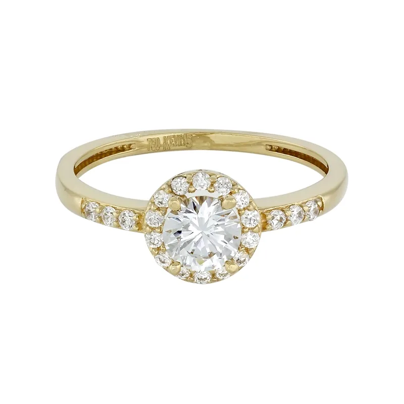Anillo en oro amarillo de 18 Kilates, con zircón central y decoración en zircones