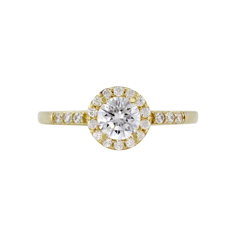 Anillo en oro amarillo de 18 Kilates, con zircón central y decoración en zircones