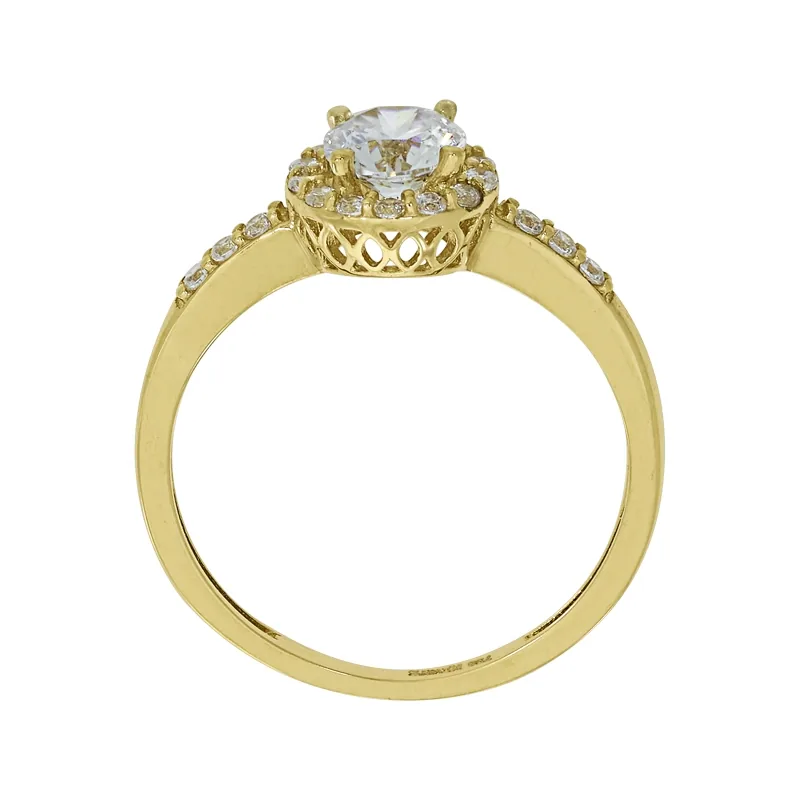 Anillo en oro amarillo de 18 Kilates, con zircón central y decoración en zircones