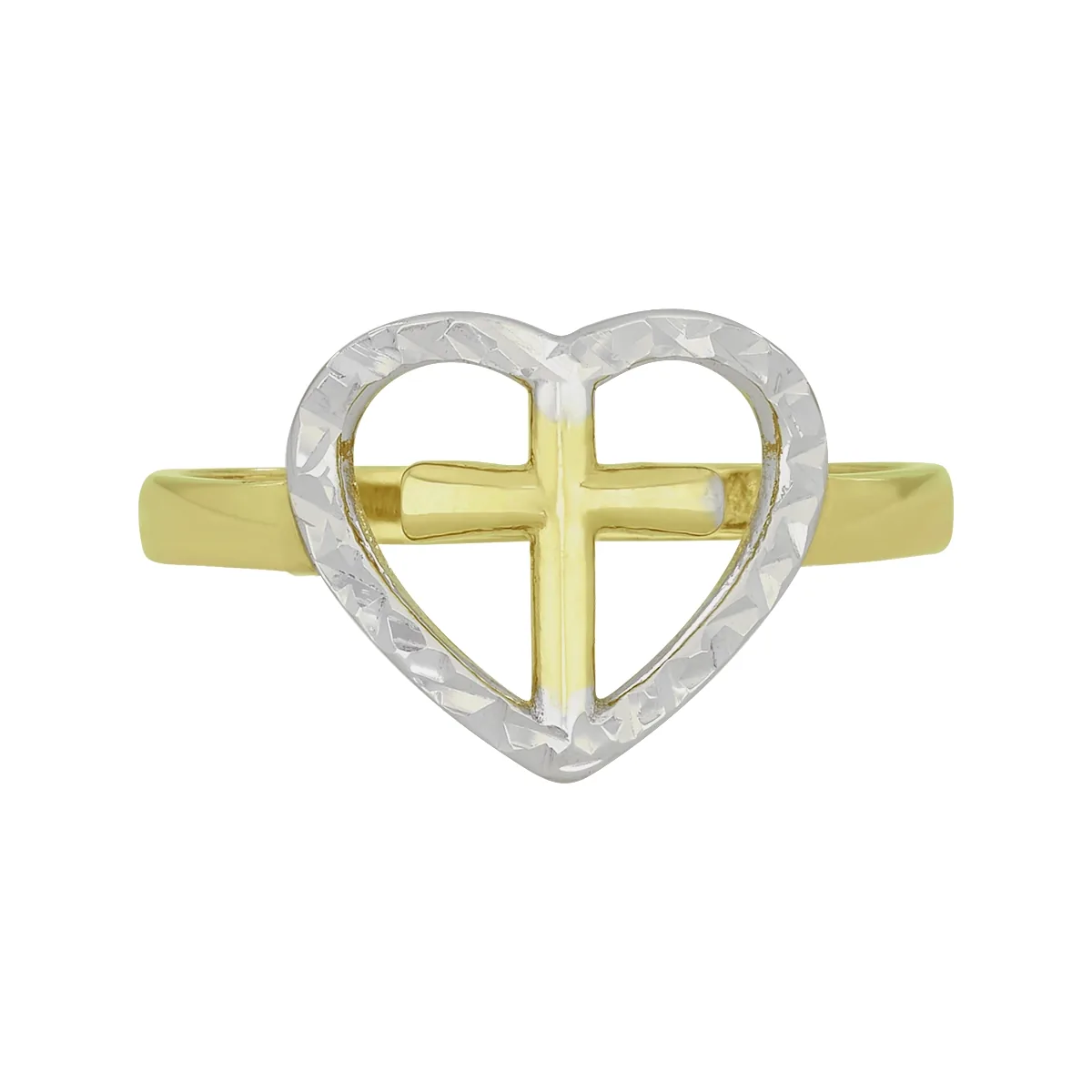 Anillo de corazón y cruz en oro amarillo de 18 Kilates con visos