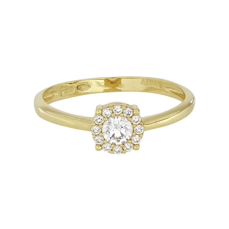 Anillo en oro amarillo de 18 Kilates, con zircón central y decoración en zircones