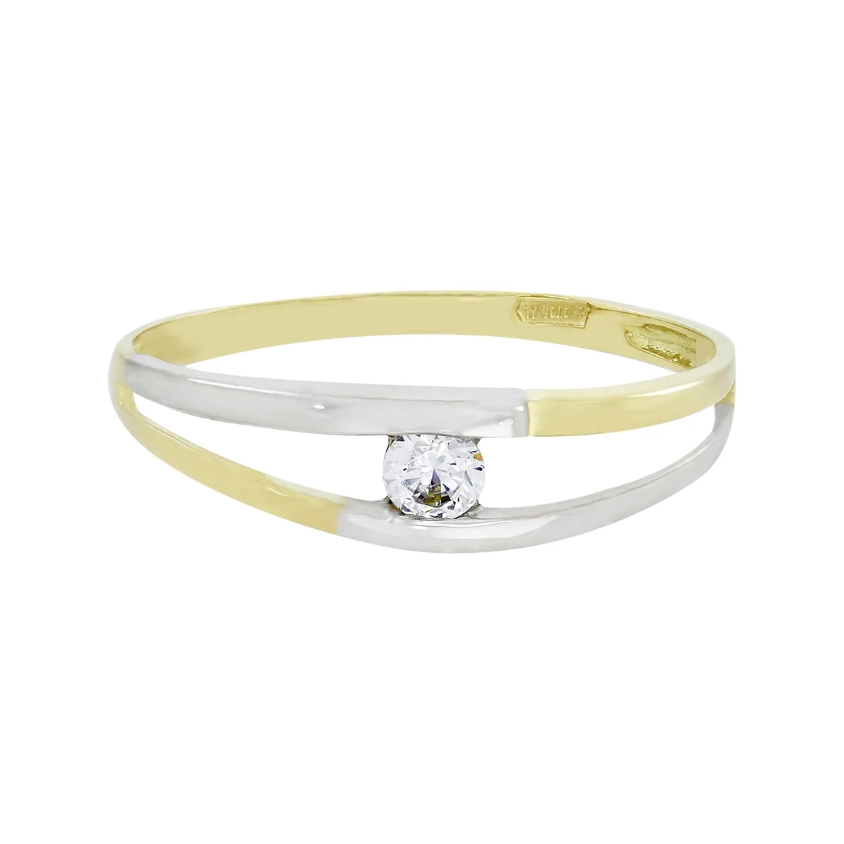 Anillo franjas, con zircon central redondo, oro 2 tonos rodinado, liso