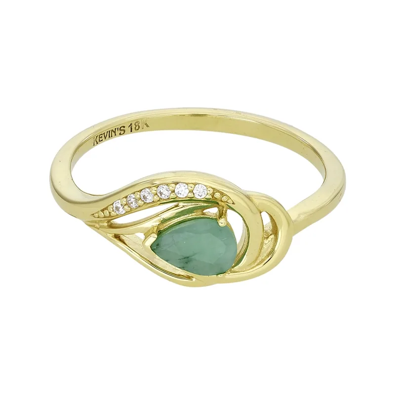 Anillo en oro amarillo de 18 Kilates, con esmeralda central y decoración en zircones