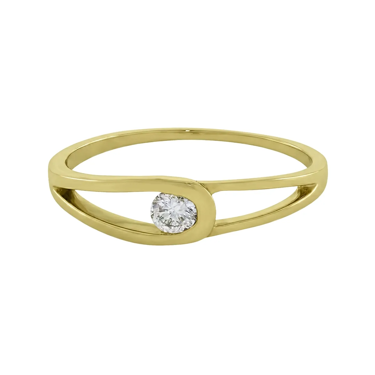Anillo onda, con diamante central redondo de 0.15Ct, oro tono amarillo 18k, liso