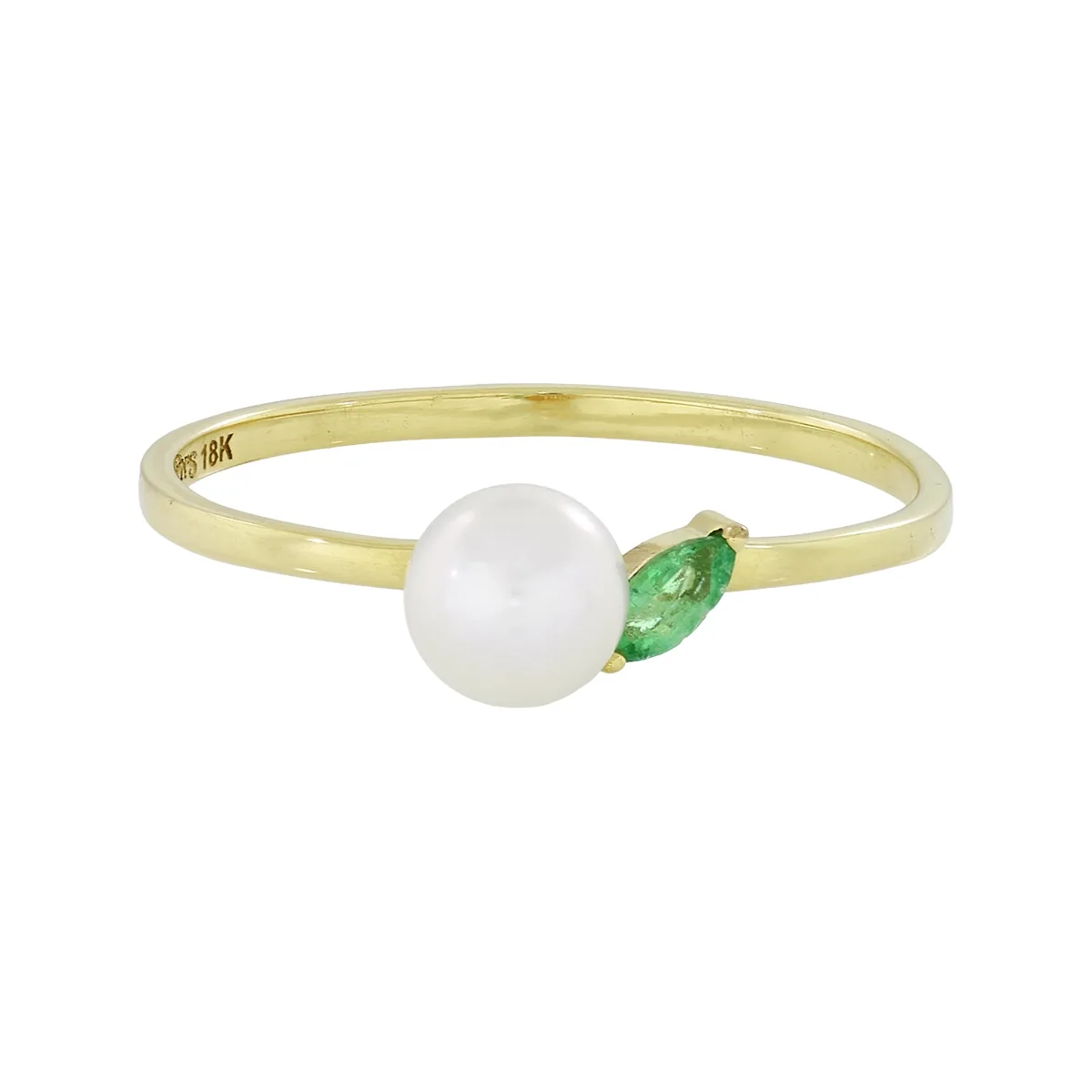 Anillo en oro amarillo de 18 Kilates, con perla central de 5 mm de ancho aprox y esmeralda central de 0.05 Ct