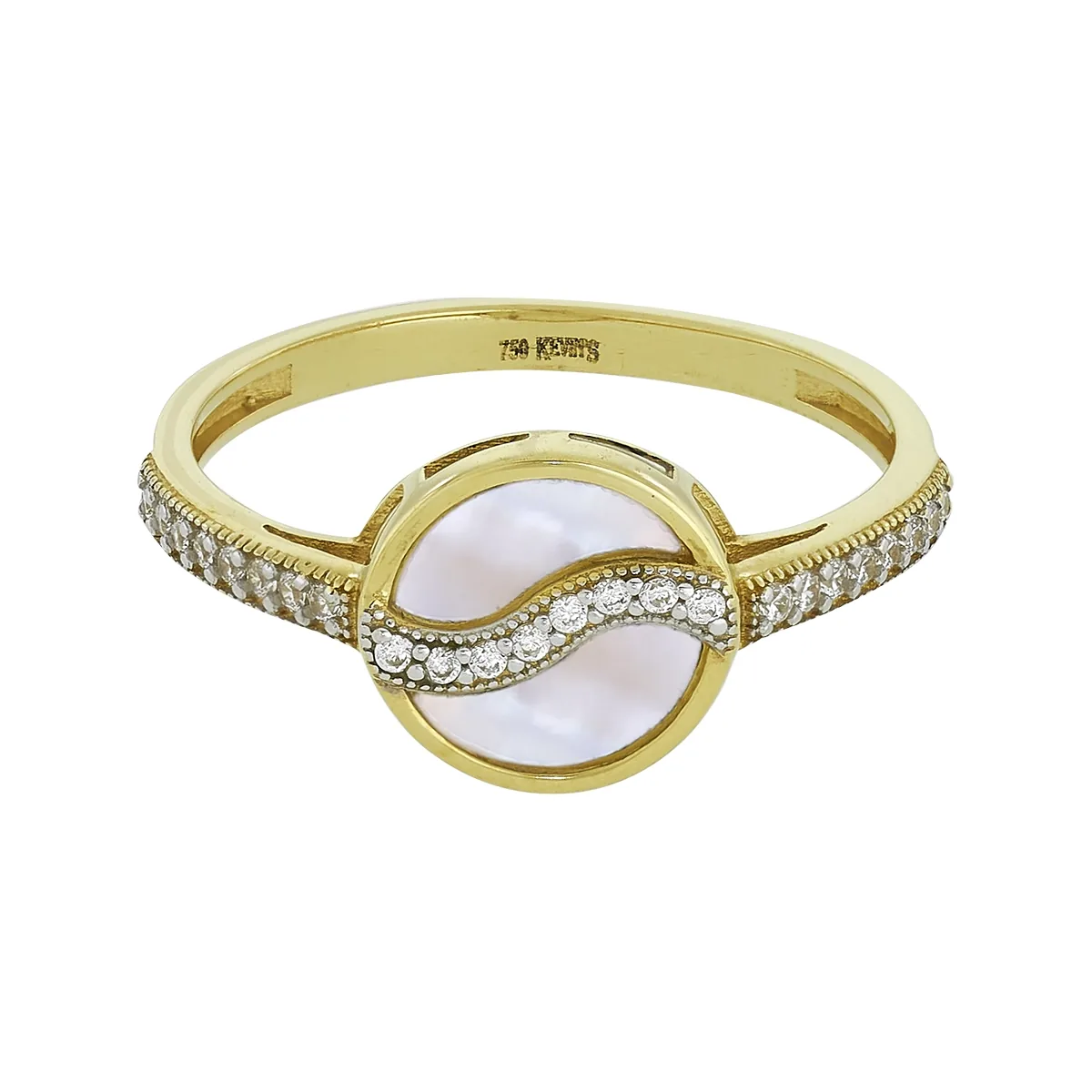Anillo en oro amarillo de 18 Kilates, con madre central y decoración en zircones