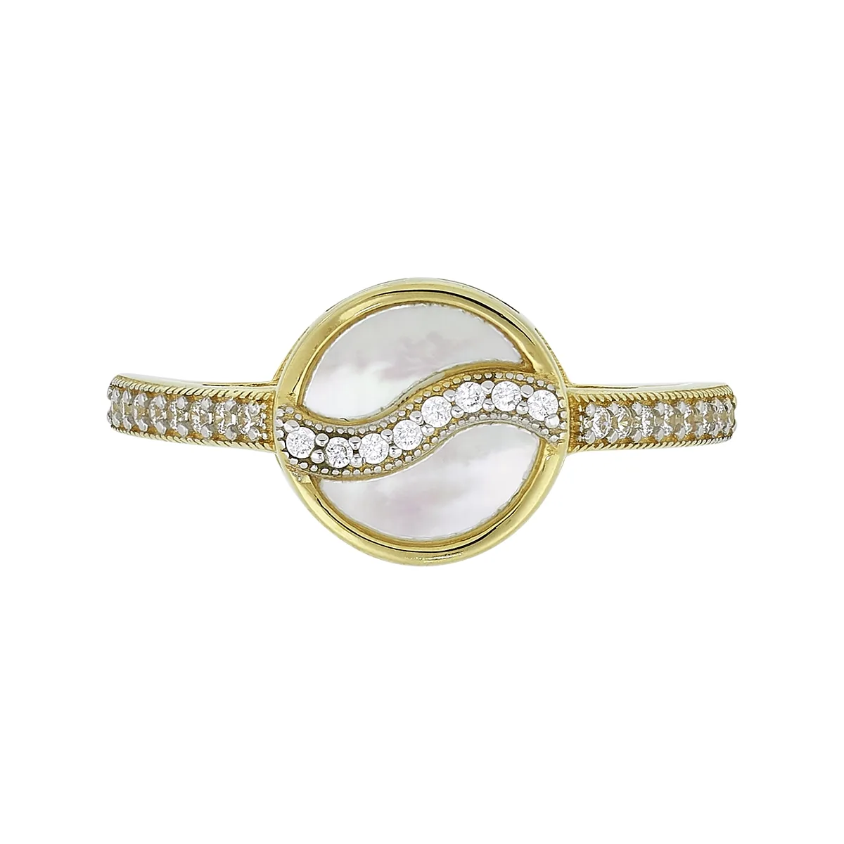 Anillo en oro amarillo de 18 Kilates, con madre central y decoración en zircones