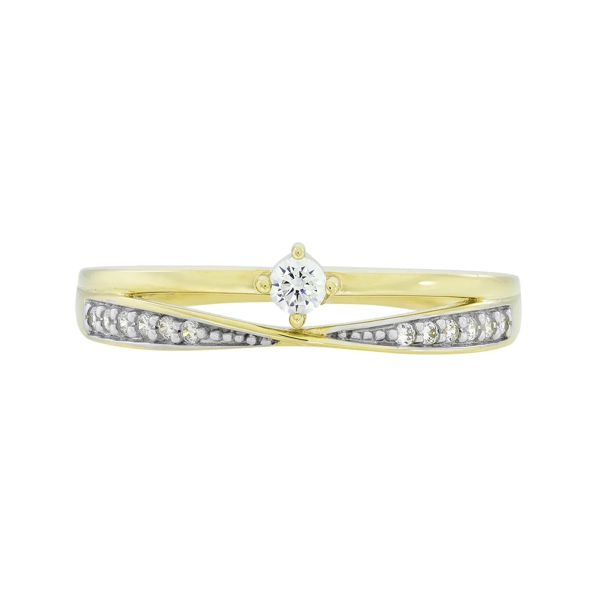 Anillo en oro amarillo de 18 Kilates, con zircón central y decoración en zircones