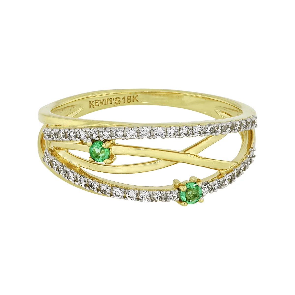 Anillo en oro amarillo de 18 Kilates, con 2 esmeraldas centrales de 0.08 Ct y decoración en diamantes de 0.20 Ct