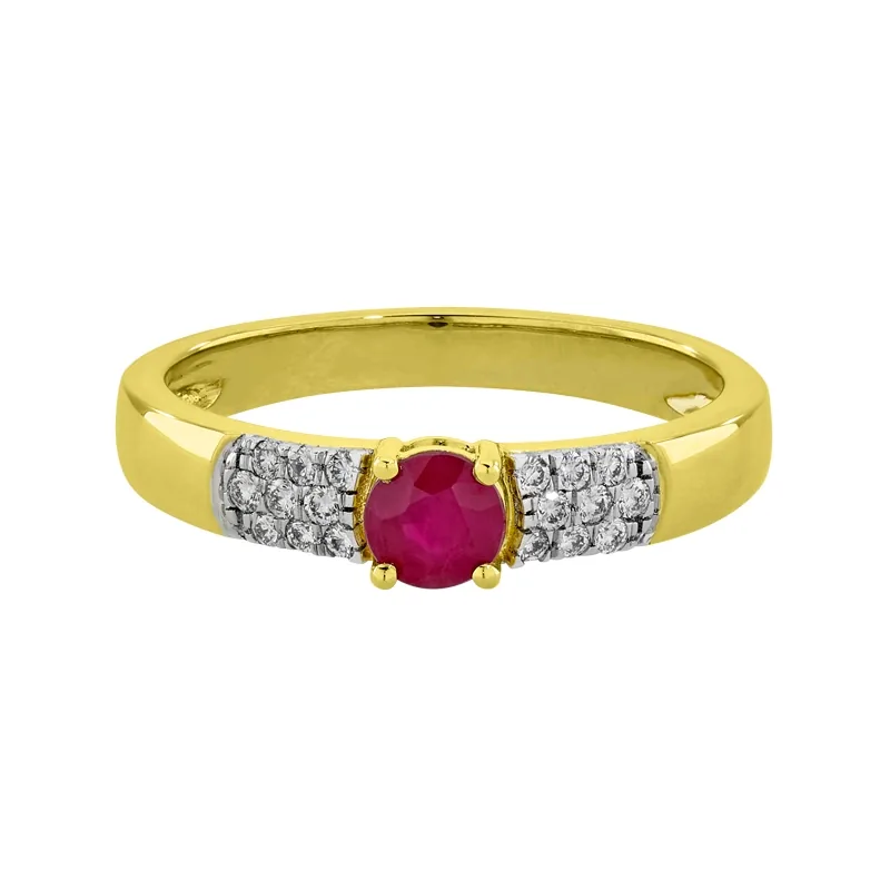 Anillo en oro amarillo de 18 Kilates, con rubí central de 0.30 Ct y decoración en diamantes de 0.12 Ct