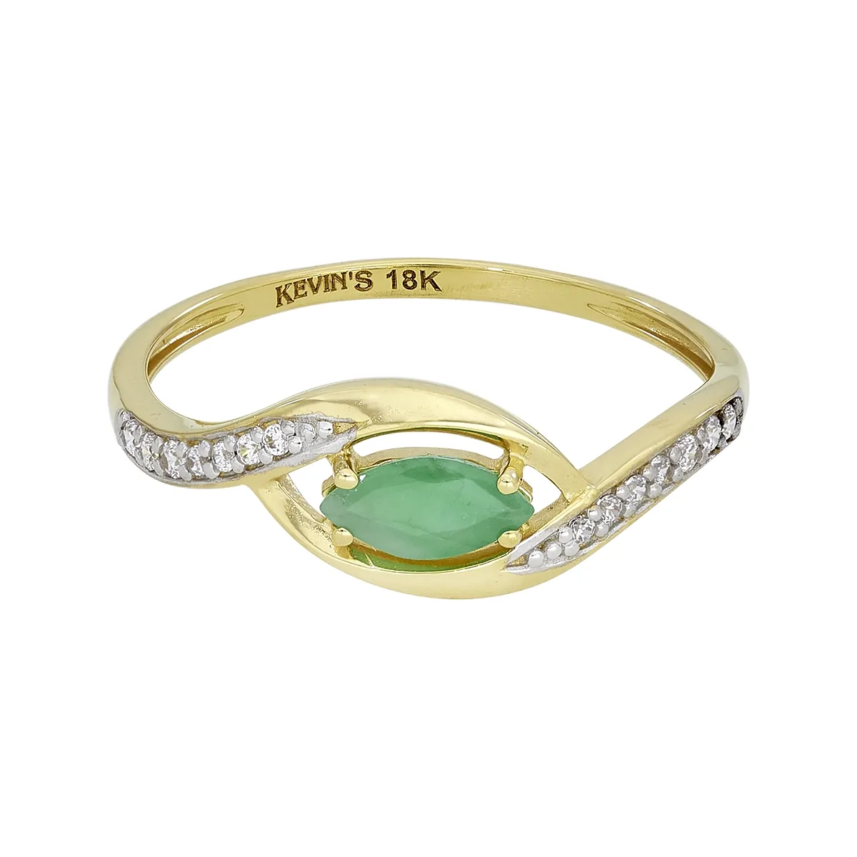 Anillo en oro amarillo de 18 Kilates, con esmeralda central y decoración en zircones