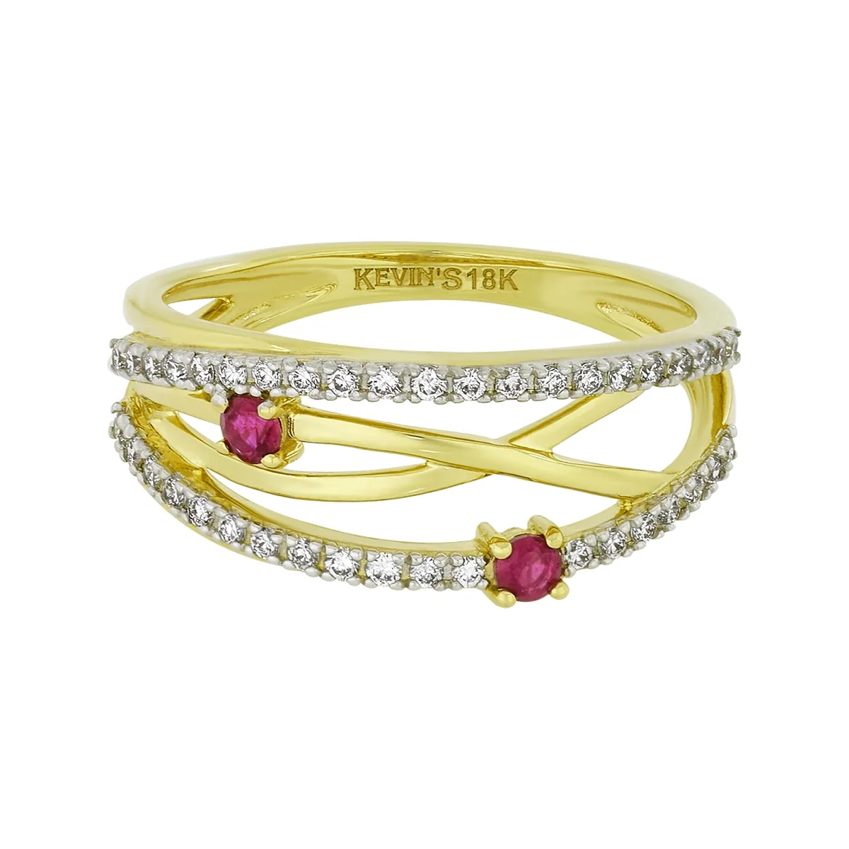 Anillo en oro amarillo de 18 Kilates, con 2 rubís centrales de 0.08 Ct y decoración en diamantes de 0.20 Ct