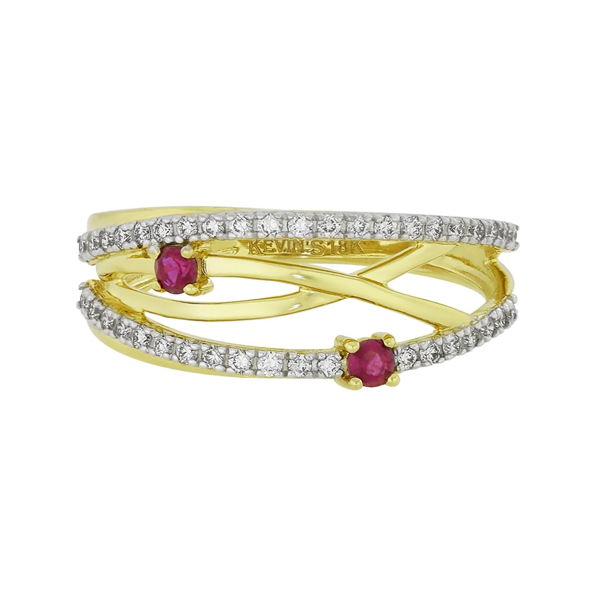 Anillo en oro amarillo de 18 Kilates, con 2 rubís centrales de 0.08 Ct y decoración en diamantes de 0.20 Ct