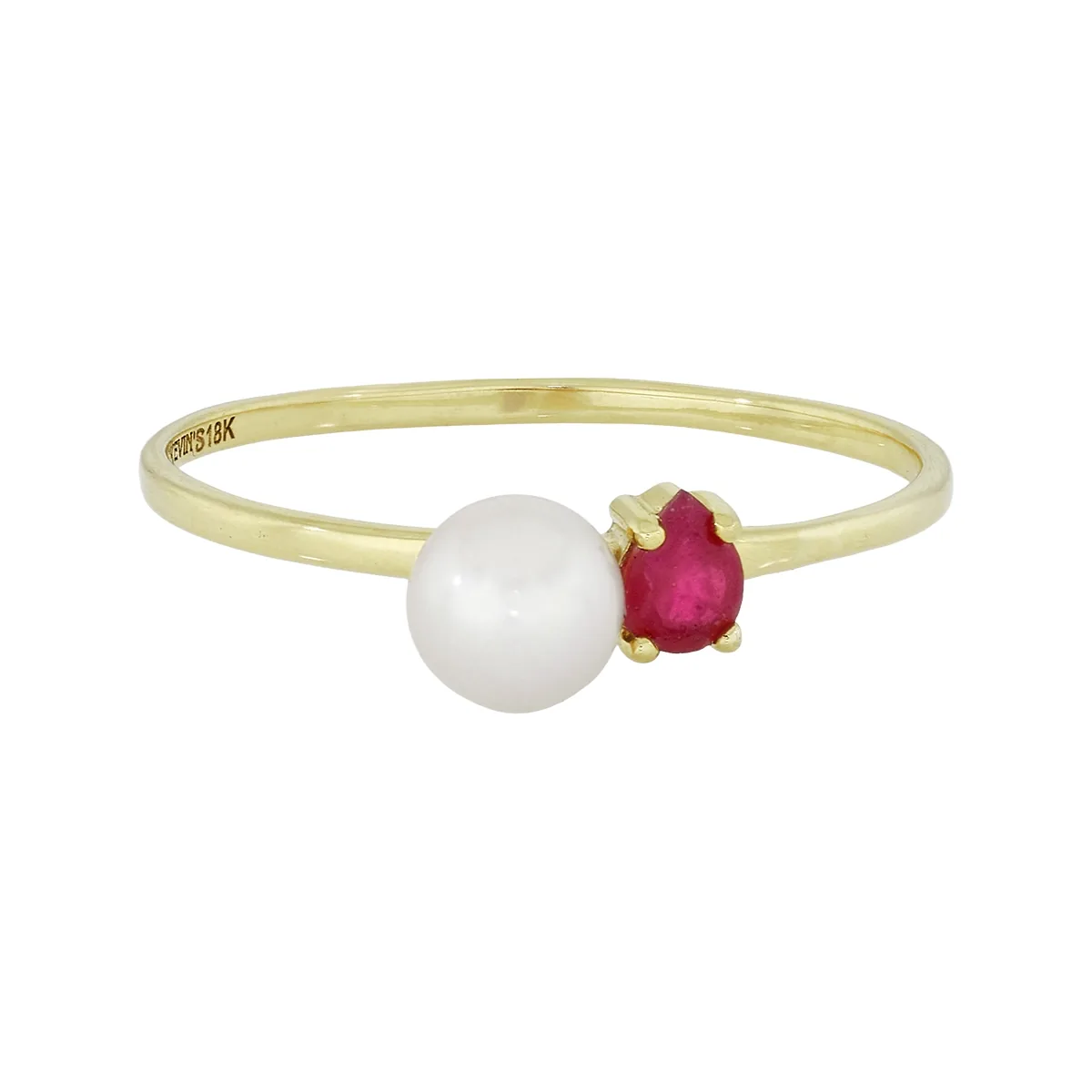 Anillo en oro amarillo de 18 Kilates, con rubí central de 0.05 Ct y perla central de 5 mm de ancho aprox