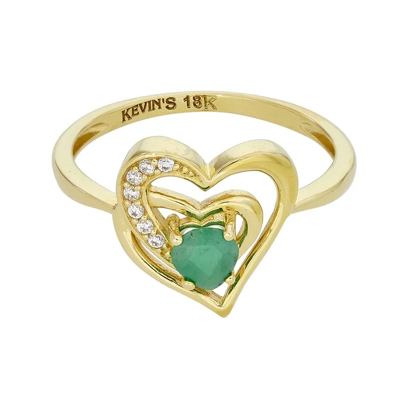 Anillo de corazones en oro amarillo de 18 Kilates, con esmeralda central y decoración en zircones