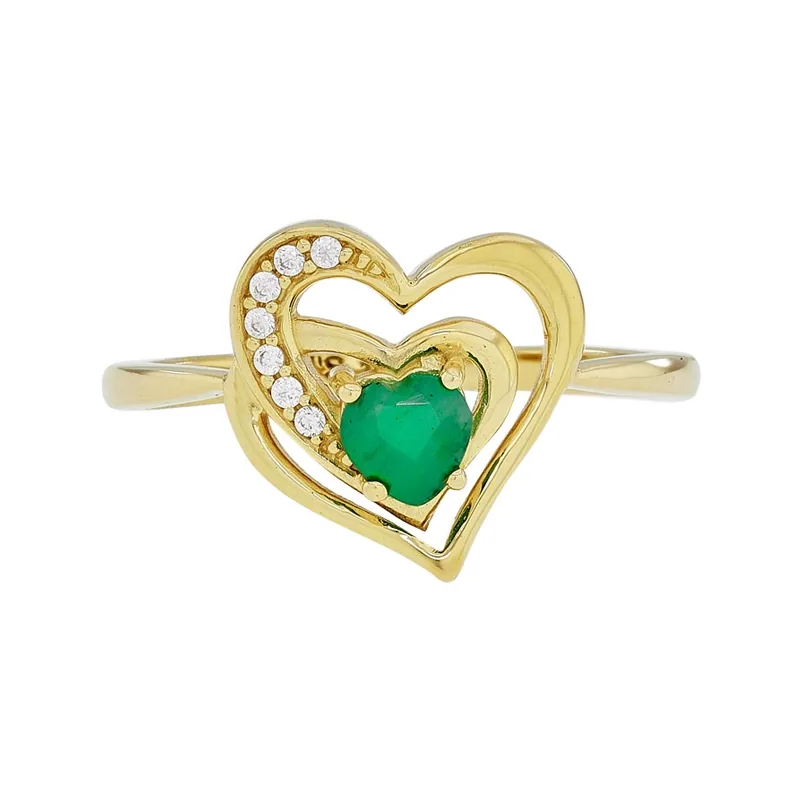 Anillo de corazones en oro amarillo de 18 Kilates, con esmeralda central y decoración en zircones
