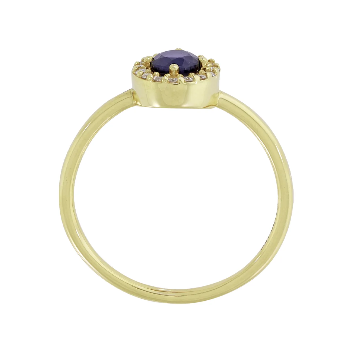 Anillo en oro amarillo de 18 Kilates, con zafiro central de 0.30 Ct y decoración en diamantes de 0.08 Ct