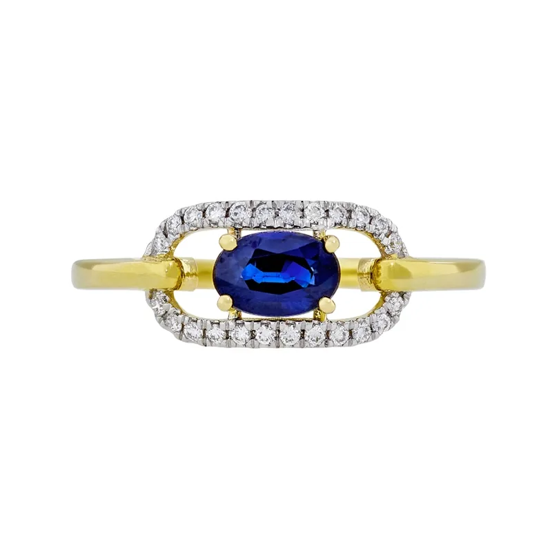 Anillo en oro amarillo de 18 Kilates, con zafiro central de 0.54 Ct y decoración en diamantes de 0.09 Ct