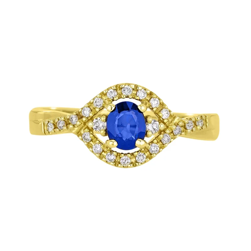 Anillo en oro amarillo de 18 Kilates, con zafiro central de 0.47 Ct y decoración en diamantes de 0.14 Ct
