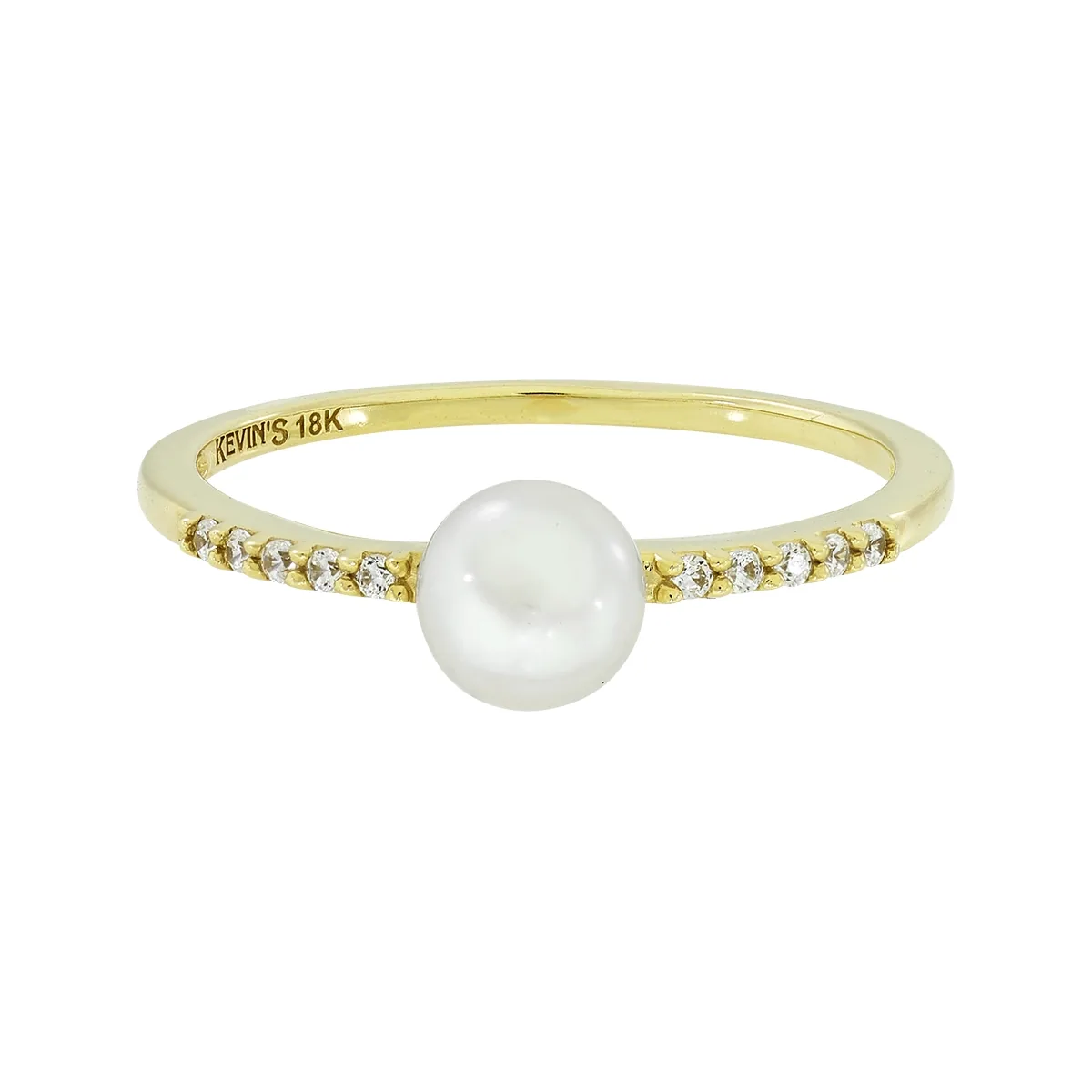 Anillo en oro amarillo de 18 Kilates, con perla central de 5 mm de ancho aprox y decoración en zircones