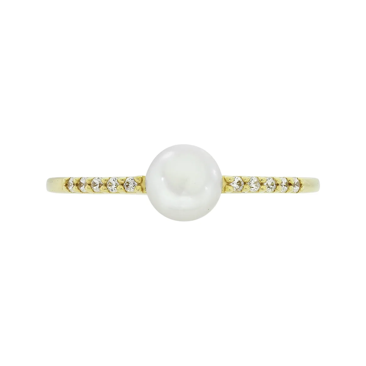 Anillo en oro amarillo de 18 Kilates, con perla central de 5 mm de ancho aprox y decoración en zircones