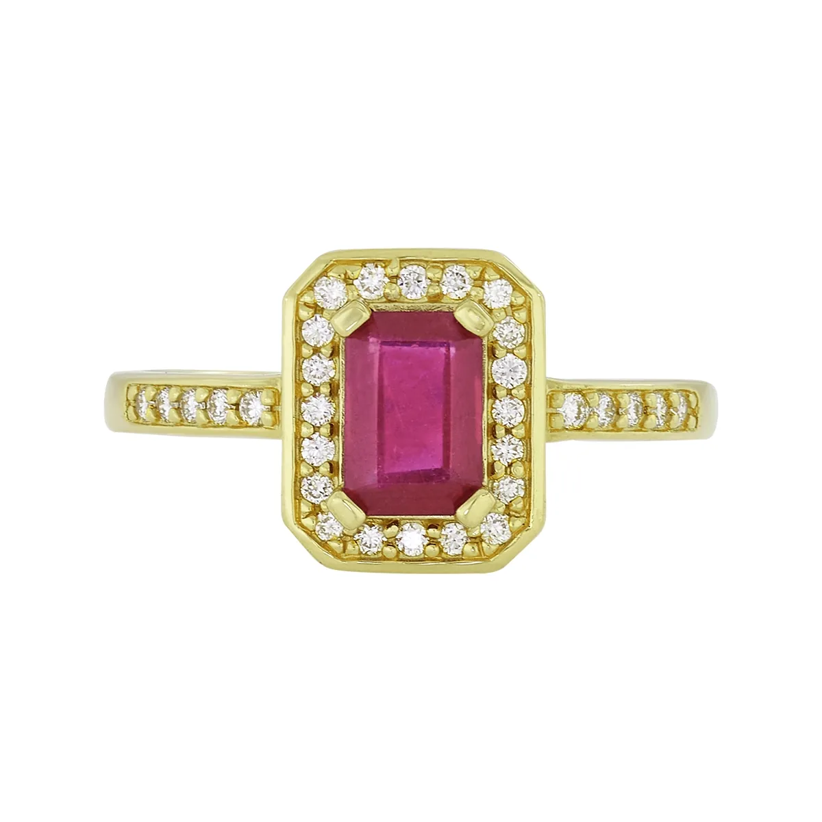 Anillo en oro amarillo de 18 Kilates, con rubí central de 0.60 Ct y decoración en diamantes de 0.15 Ct