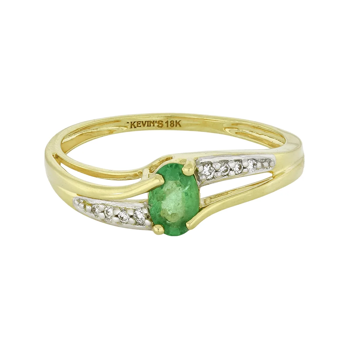 Anillo en oro amarillo de 18 Kilates, con esmeralda central de 0.35 Ct y decoración en diamantes de 0.05 Ct