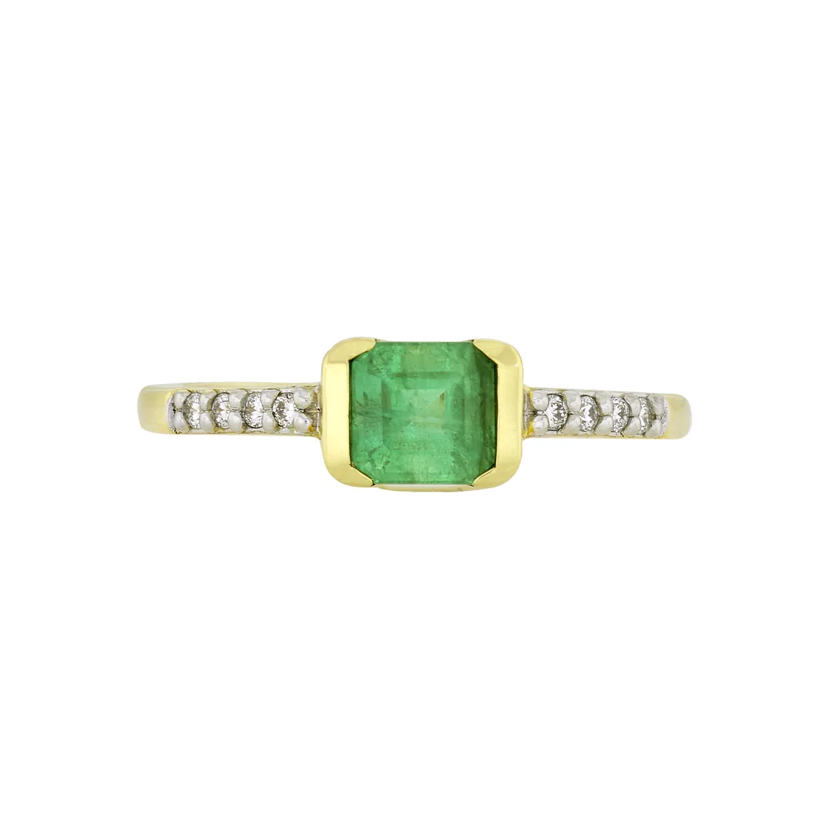 Anillo en oro amarillo de 18 Kilates, con esmeralda central de 0.65 Ct y decoración en diamantes de 0.07 Ct