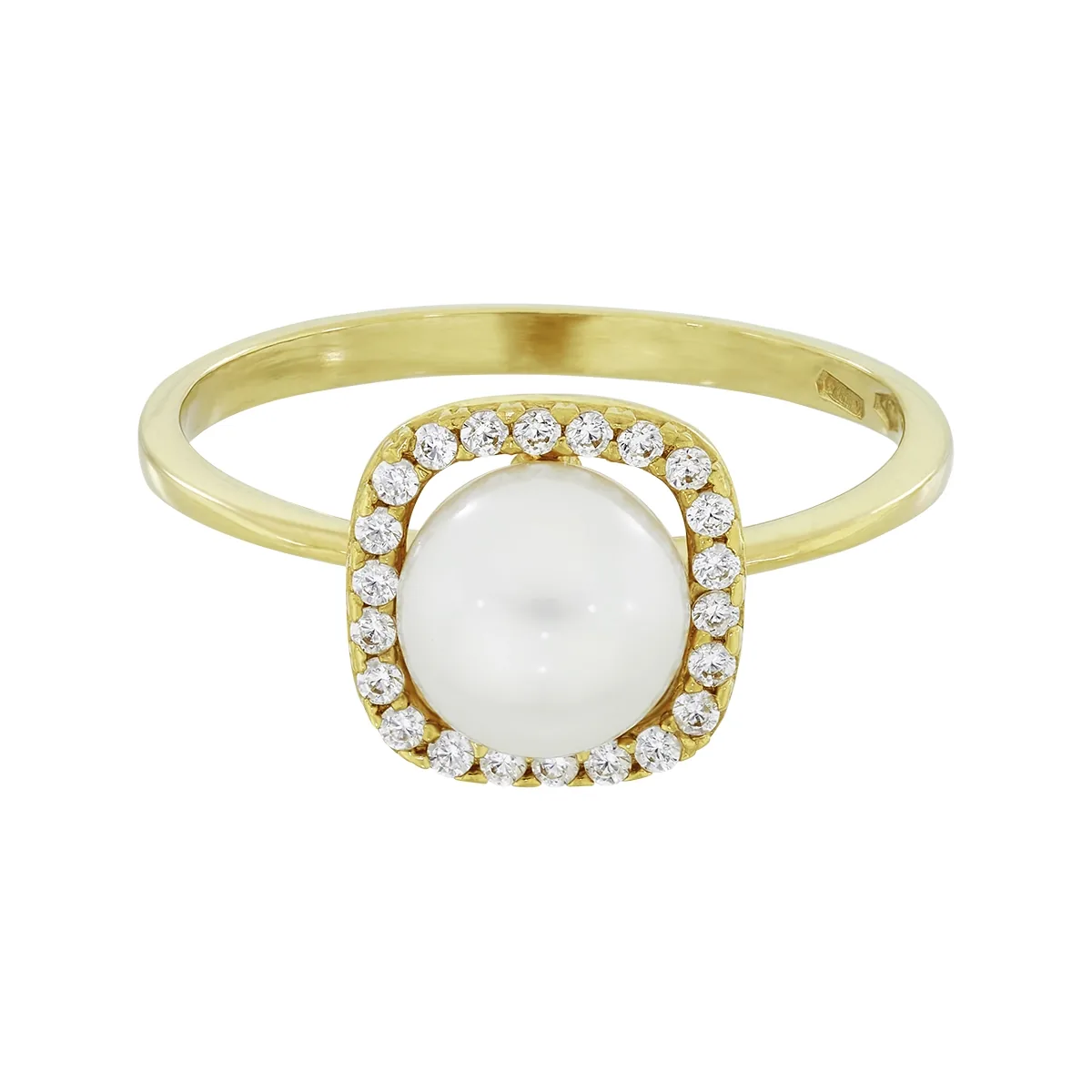 Anillo en oro amarillo de 18 Kilates, con perla central de 6 mm de ancho aprox y decoración en zircones