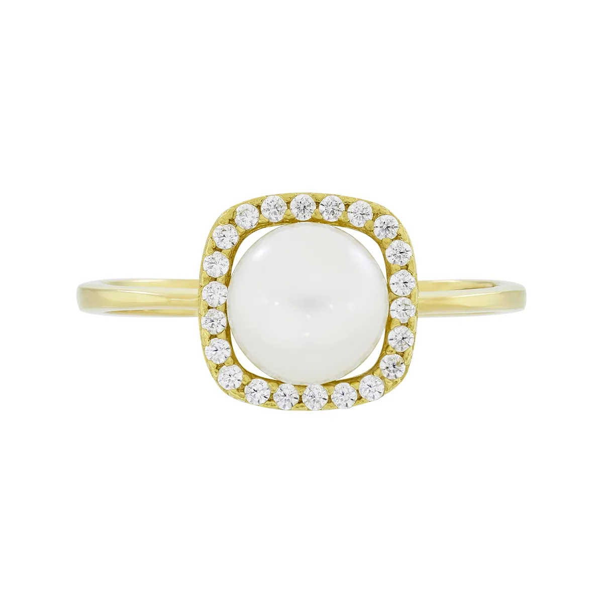 Anillo en oro amarillo de 18 Kilates, con perla central de 6 mm de ancho aprox y decoración en zircones