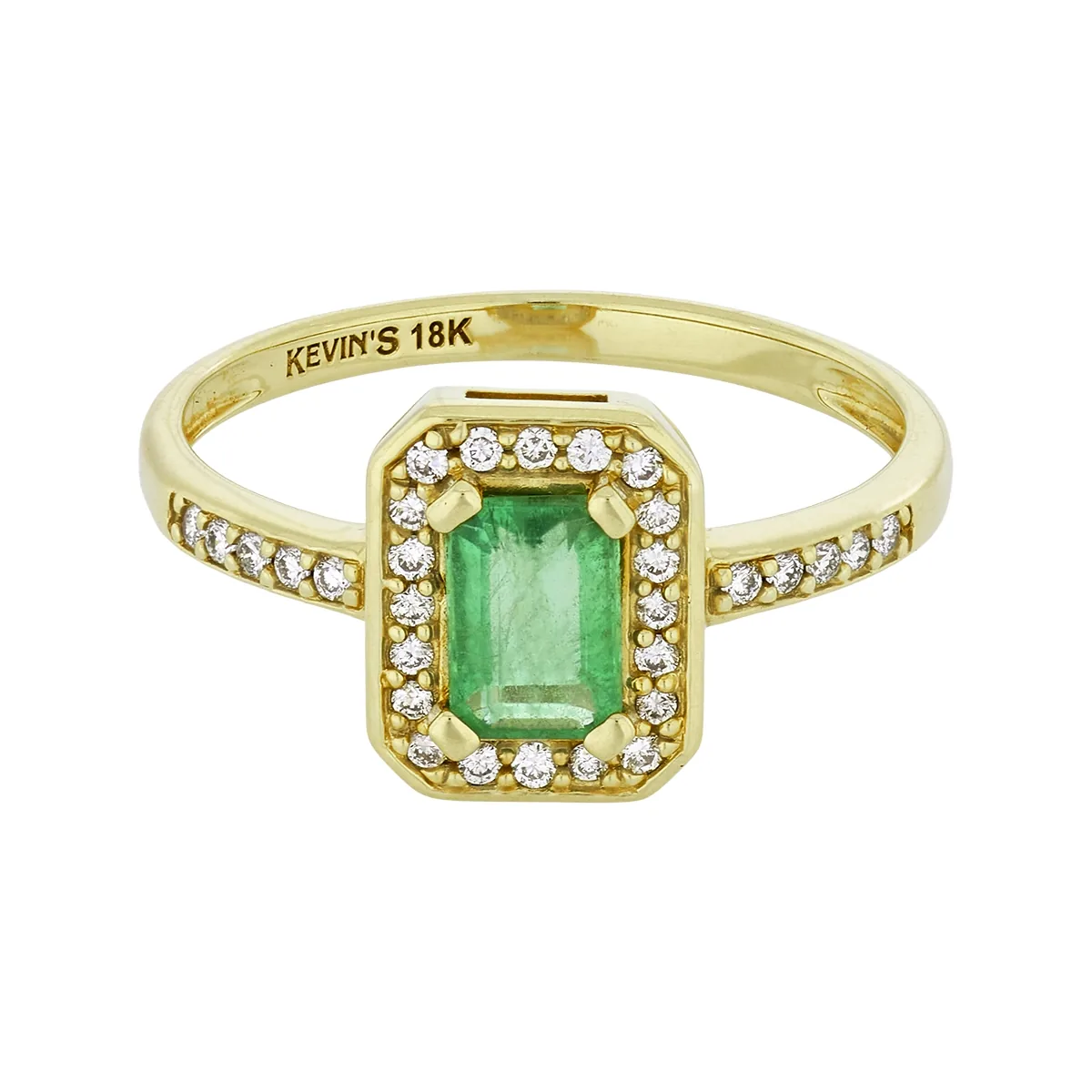 Anillo en oro amarillo de 18 Kilates, con esmeralda central de 0.60 Ct y decoración en diamantes de 0.15 Ct