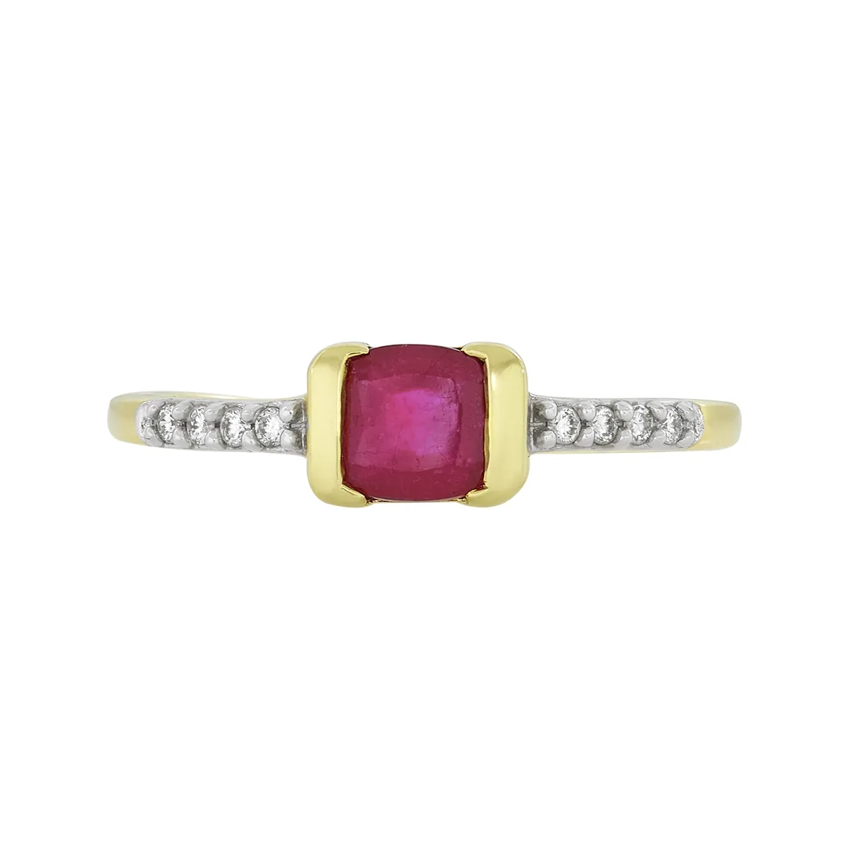 Anillo en oro amarillo de 18 Kilates, con rubí central de 0.65 Ct y decoración en diamantes de 0.06 Ct