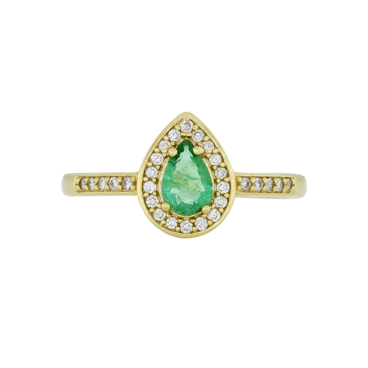 Anillo en oro amarillo de 18 Kilates, con esmeralda central de 0.40 Ct y decoración en diamantes de 0.14 Ct