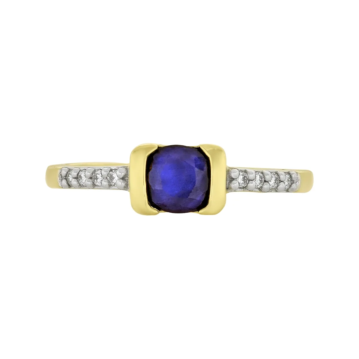 Anillo en oro amarillo de 18 Kilates, con zafiro central de 0.65 Ct y decoración en diamantes de 0.06 Ct