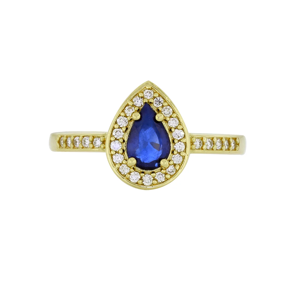 Anillo en oro amarillo de 18 Kilates, con zafiro central de 0.55 Ct y decoración en diamantes de 0.14 Ct