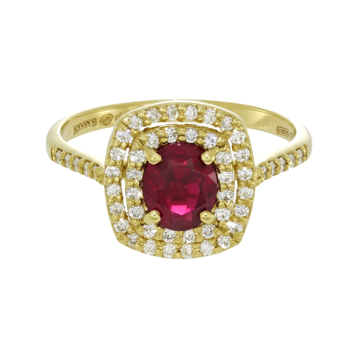 Anillo en oro amarillo de 18 Kilates, con ruby laboratorio central de 0.60 Ct y decoración en diamante de laboratorio de 0.27 Ct