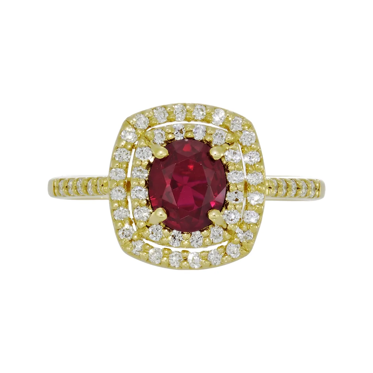 Anillo en oro amarillo de 18 Kilates, con ruby laboratorio central de 0.60 Ct y decoración en diamante de laboratorio de 0.27 Ct
