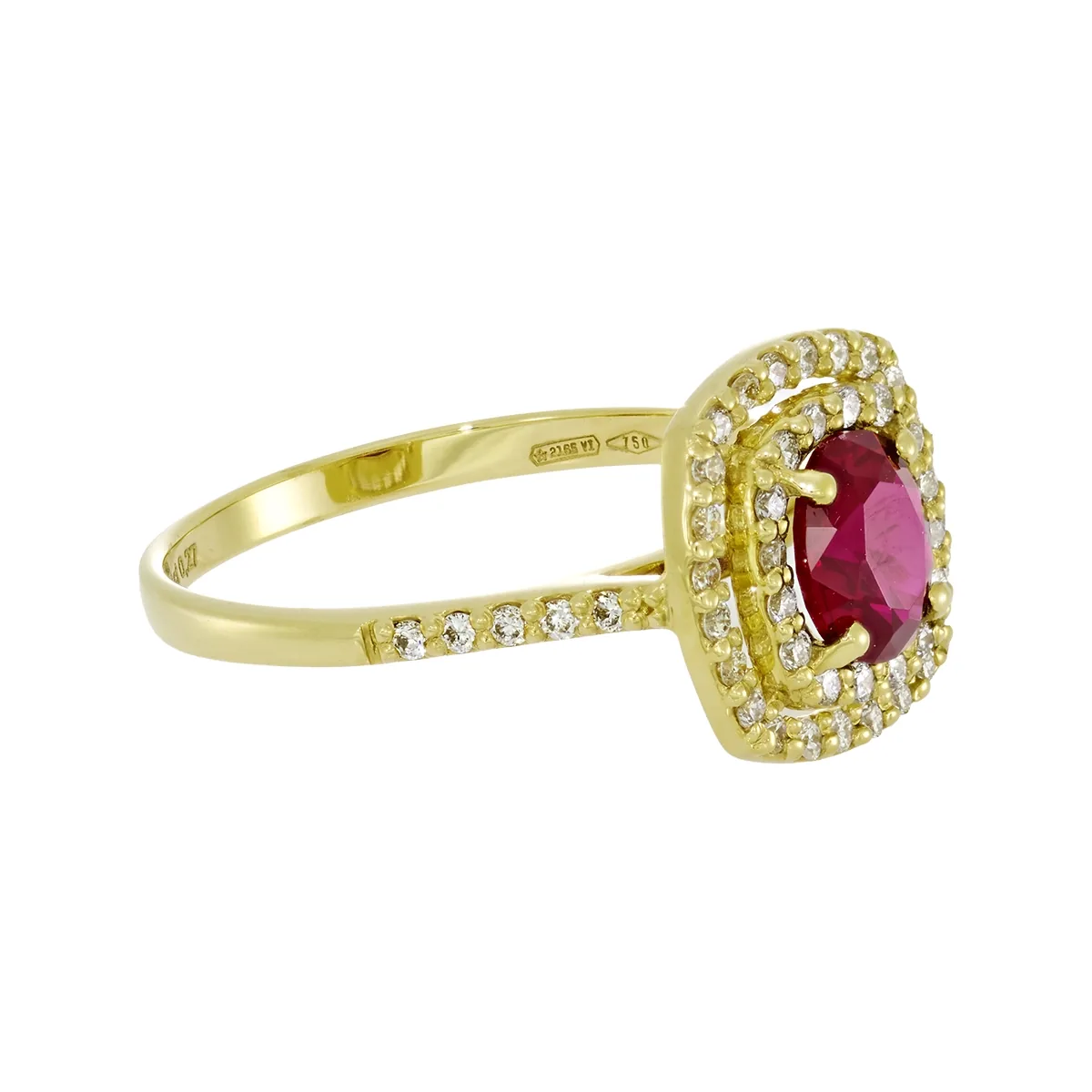 Anillo en oro amarillo de 18 Kilates, con ruby laboratorio central de 0.60 Ct y decoración en diamante de laboratorio de 0.27 Ct