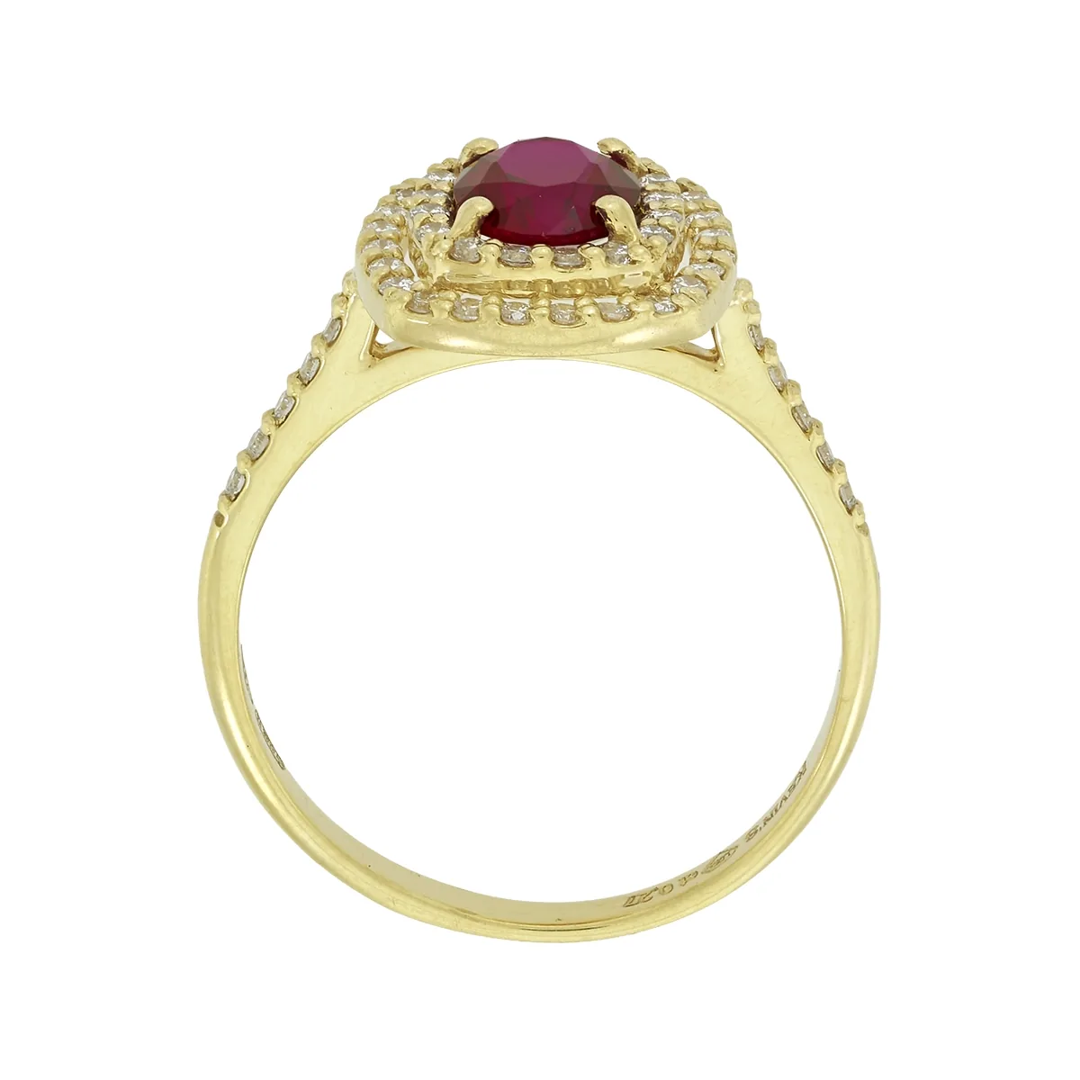Anillo en oro amarillo de 18 Kilates, con ruby laboratorio central de 0.60 Ct y decoración en diamante de laboratorio de 0.27 Ct