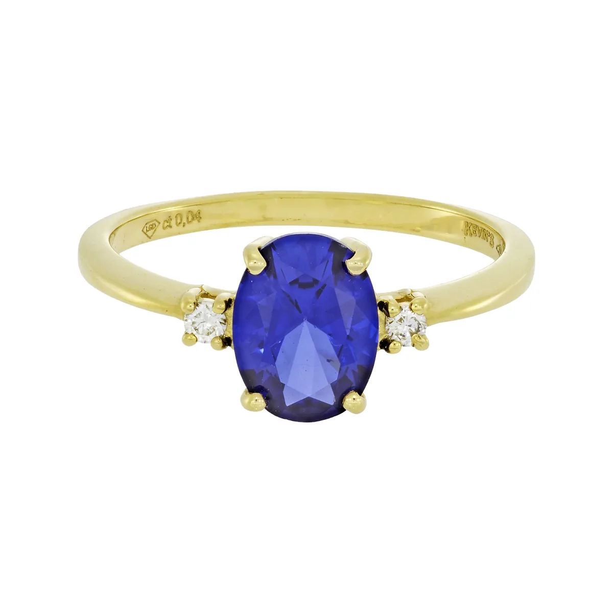 Anillo en oro amarillo de 18 Kilates, con zafiro laboratorio central de 1.35 Ct y decoración en diamante de laboratorio de 0.04 Ct
